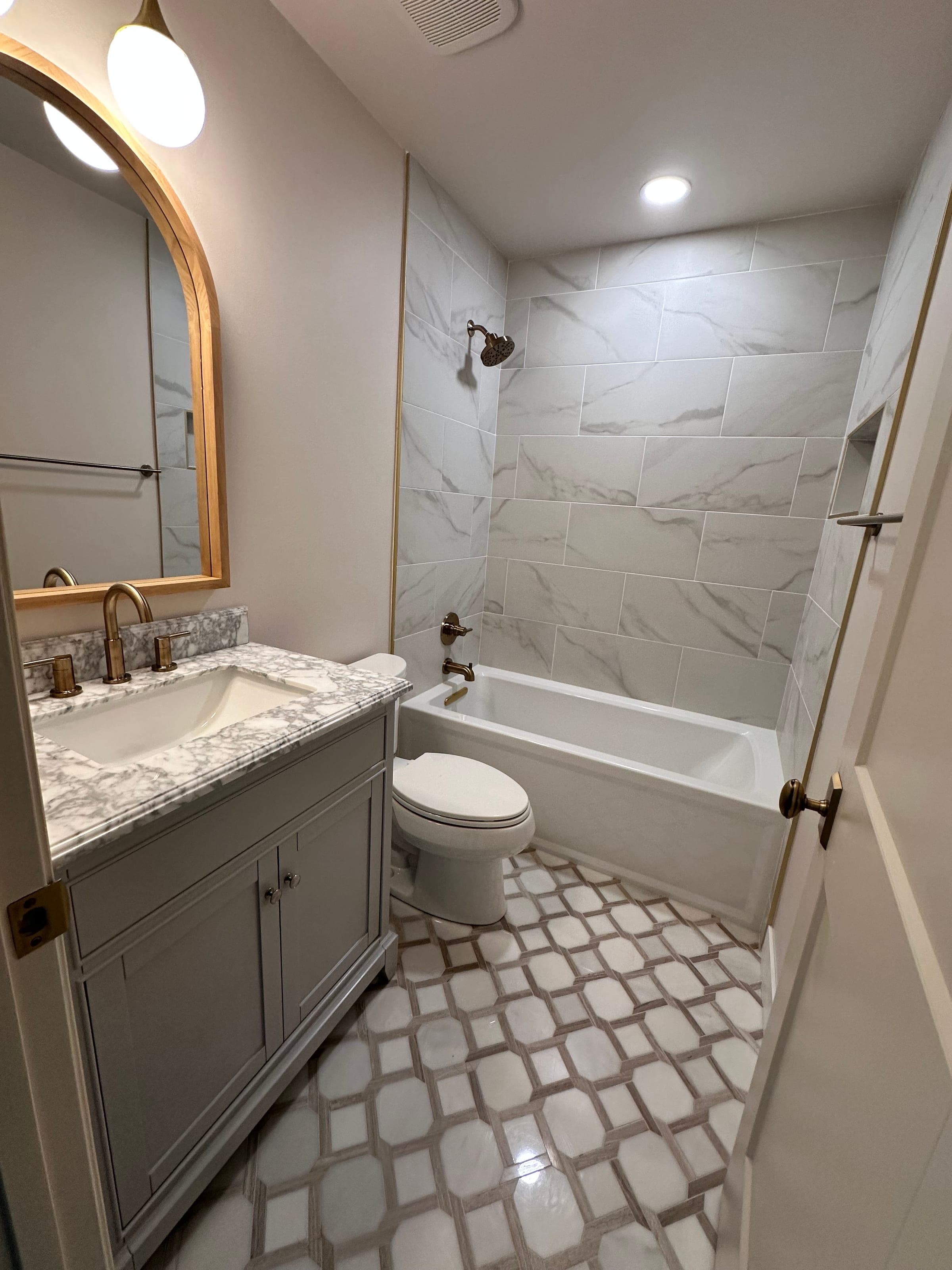Hall Bath, Brass & Lattice Tile, Northern Virginia — finished work, photo 1